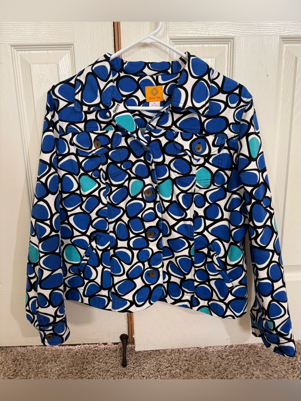 Ruby Rd. Size 14 Blue Geometric Print Stretch Cotton Jacket